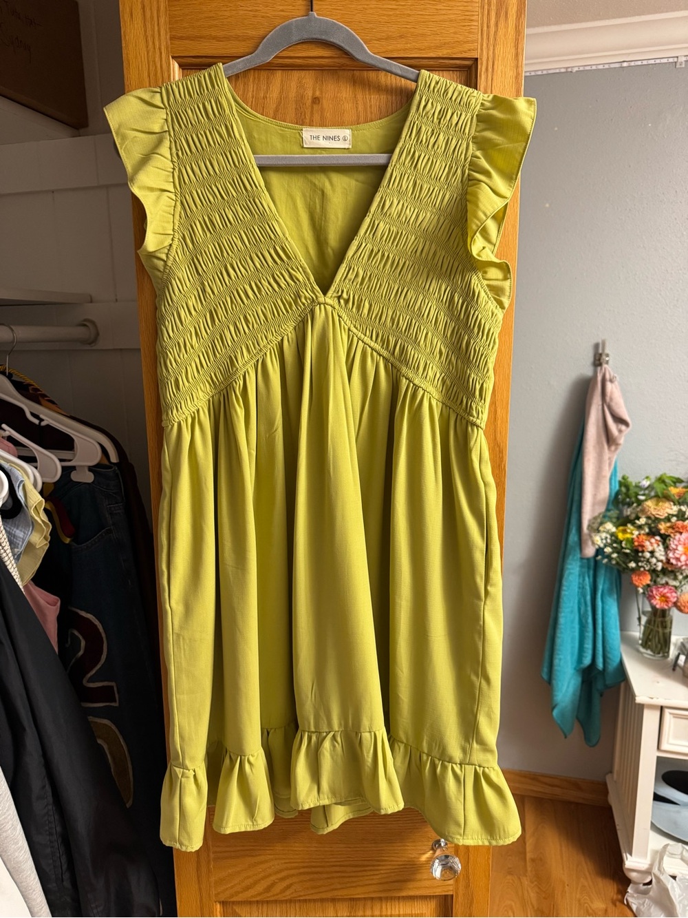 Lime Green Smocked V-Neck Ruffle Dress